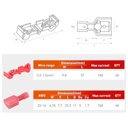 Nilight 120PCS/60 Pairs Red T-Tap Quick Splice Disconnect Wire Terminals - size: 120Pcs 22-16AWG