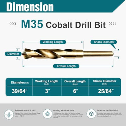 39/64 Inch Cobalt Drill Bit, M35 HSS Twist Drill Bit, 135° Split Point - size: 39/64 Inch