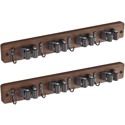 OUTNILI 2 Pack Mop Broom Holder Wall Mount - Wood Broom Mop Hanger - Wall Mounted Garden Tool Rack Organizer for Closet Garage Laundry Room Farmhouse Rustic Kitchen Decor With 4 Slots & 4 Hooks - color: Brown-4 Grips, size: 2 Pack