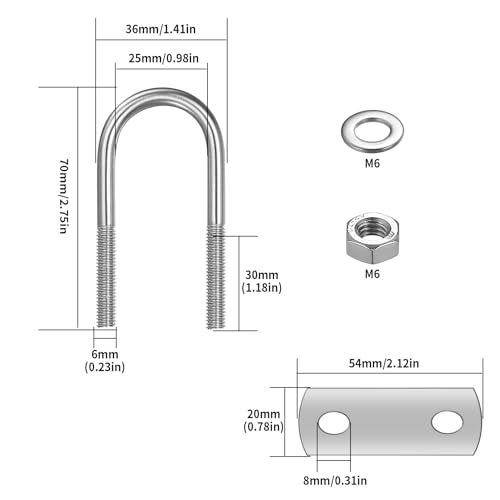 Round Stainless Steel U-Bolts 6 Pack, 1" Inner Width for Trailer & Boat - color: Round, 1"/25mm