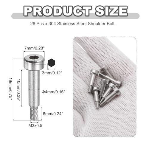 MECCANIXITY 26 Pcs 304 Stainless Steel Shoulder Bolt 4mm Shoulder Dia 10mm Shoulder Length M3x0.5 Thread Hex Socket Shoulder Bolts for Hydraulic Injection Molding Machinery Industries - size: 4mm x 10mm