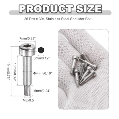 MECCANIXITY 26 Pcs 304 Stainless Steel Shoulder Bolt 4mm Shoulder Dia 10mm Shoulder Length M3x0.5 Thread Hex Socket Shoulder Bolts for Hydraulic Injection Molding Machinery Industries - size: 4mm x 10mm