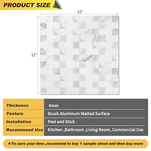 Yipscazo Peel and Stick Backsplash Tile, Stick on Stainless Steel Backsplash Metal Tiles for Kitchen Walls in Marble White Mixed Silver Metal (12''x12'',10 Sheets) - color: Marble White mixed Silver Metal