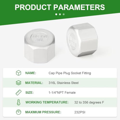 TAISHER 2Pcs 316 SS Hex Pipe Cap, 1-1/4" Female NPT Thread Pipe Fitting - size: 1-1/4"FNPT(316 Cap)