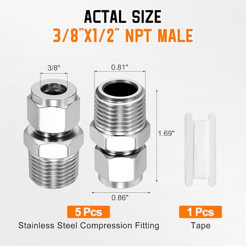 5 Pack 3/8" OD Compression x 1/2" NPT Male Union Coupling Connector - size: 3/8" OD Compression x 1/2" NPT Male