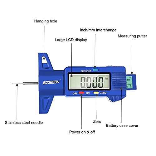 GODESON Digital Tire Tread Depth Gauge 25.4 mm Blue - color: Blue