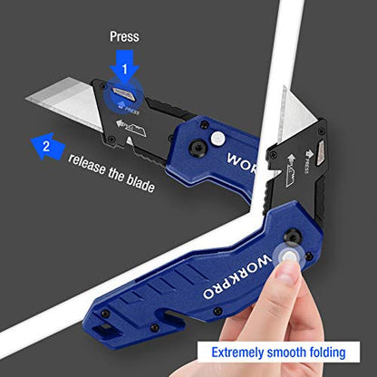 WORKPRO Folding Utility Knife with 10 Blades, Blue - color: Blue