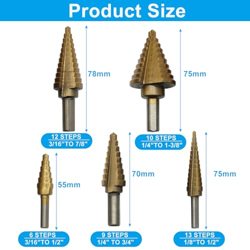 Titanium Step Drill Bit Set, Yellow, 5PCS, 3/16" to 1-3/8" - color: Yellow