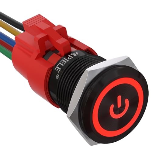 APIELE 19mm Latching Push Button Switch 3/4" 12V DC Black Shell Power Symbol LED with Socket Plug 1NO1NC SPDT ON/Off (Red/Black Shell) - color: Red/ Black Shell