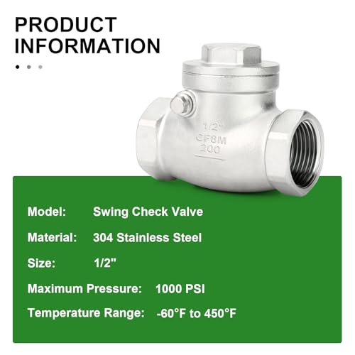 TAISHER 1PCS 304 Stainless Steel 1/2" Female Swing Check Valve，Backflow Prevention, One Way Check Valve CF8 WOG 1000 - size: 1/2"(Swing)
