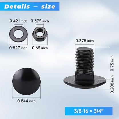 16 Sets 3/8-16 x 3/4" Black Carriage Bolts Screws and Hex Nuts & Flat Washers, 304 Stainless Steel 18-8, Round Head Square Neck, Full Thread Coverage - size: 3/8-16 x 3/4"