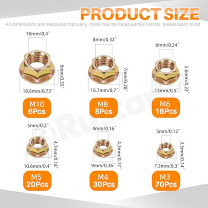 150Pcs 6 Sizes Carbon Steel Serrated Flange Nuts Assortment Kit Metric Hexagon Flange Lock Nuts Yellow Serrated Hex Lock Nuts for Machinery Industry Home Improvement - style: carbon steel-yellow