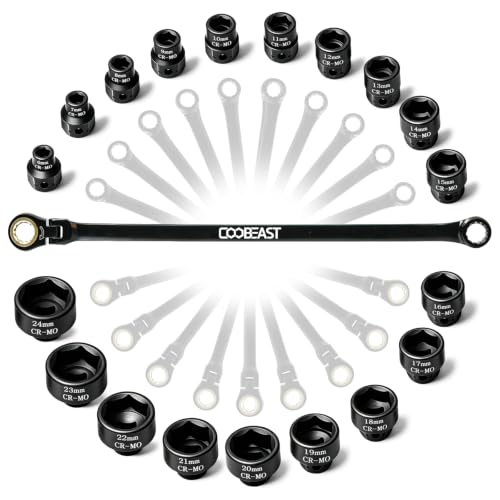 Flex Head Ratcheting Wrench Set 19-in-1, 6-24mm CR-V Steel Metric Wrench