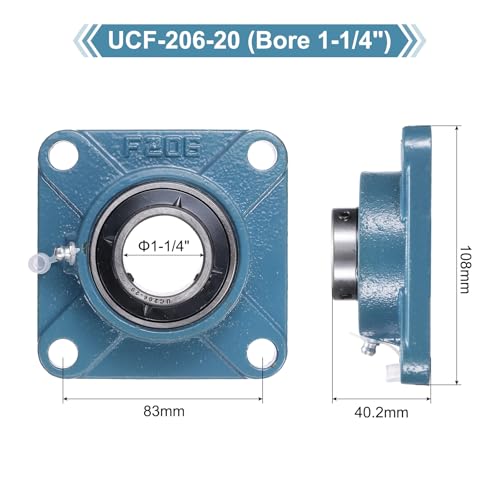 uxcell 2 Pcs UCF-206-20 Pillow Block Bearings 1-1/4 Inch Bore, Self Alignment Chrome Steel Bearing Units, 4-Bolt Square Flange Mounted, Solid Base - size: UCF-206-20