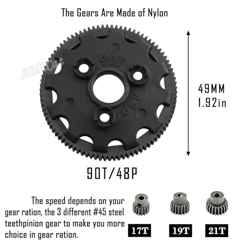 90T 48P Spur Gear with 17T 19T 21T Pinions Gear & Slipper Clutch Upgrades Part for 1/10 Slash Rustler Stampede Bandit 2WD VXL,90T Spur Gear,Titanium - color: Titanium - (90T)