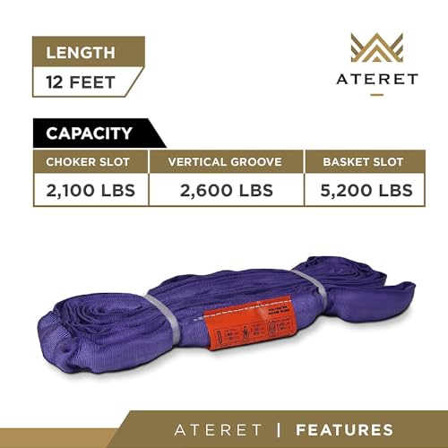ATERET Powerlift Purple Polyester Endless Round Sling - 12 Feet Length, 2,600 lb. Vertical Capacity, 5,200 lbs Basket - Heavy Duty Poly Lifting Sling - color: 01 Purple - Vertical Capacity 2,600 lbs, size: 12FT