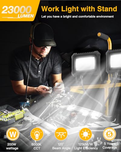 23000 Lumen LED Work Light with Stand, 200W 2 Head Portable Work Lights on Stand, with Adjustable and Foldable Tripod Stand, Waterproof Work Light with Switch for Construction Job Site Workshop - size: 200W 1PACK