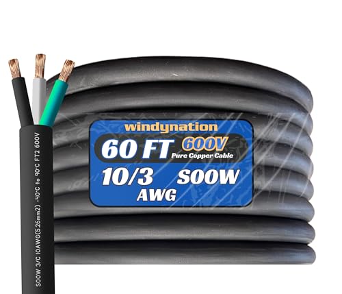 WindyNation 60 Feet 10/3 10 AWG SOOW SO Cable Cord Wire - 10 Gauge 3 Conductor 600V Portable Power Extension Cord Cable for EV Chargers, Motor Leads, Portable Lights, and Battery Chargers - size: 60 Feet