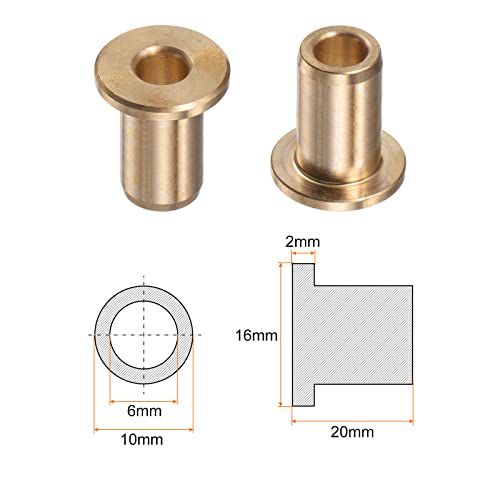 HARFINGTON 2pcs Flange Bearing Sleeve 6mm Bore 10mm OD 20mm Length 2mm Flange Thickness Bronze Bushing Self-Lubricating Bushings Sleeve for Industrial Equipment - size: 6mmx10mmx20mm