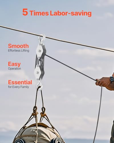 VEVOR 4400 lbs Breaking Strength 100 FT Rope Pulley Hoist, 5:1 Lifting Power Heavy Duty Pulley System with 2pcs Soft Loops, Metal Wheels Bearing Structure, Block and Tackle for Lifting Heavy Objects - size: 0.23" x 100'