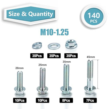 Kadrick 140Pcs Flange Hex Bolts and Nuts Kit,M10 x1.25（M6-1.0 M8 x1.25 Available） (20mm to 45mm) Metric Bolt Assortment,Alloy Steel Class 8.8 Zinc Plated - size: 140Pcs M10 FLANGE HEX Zinc