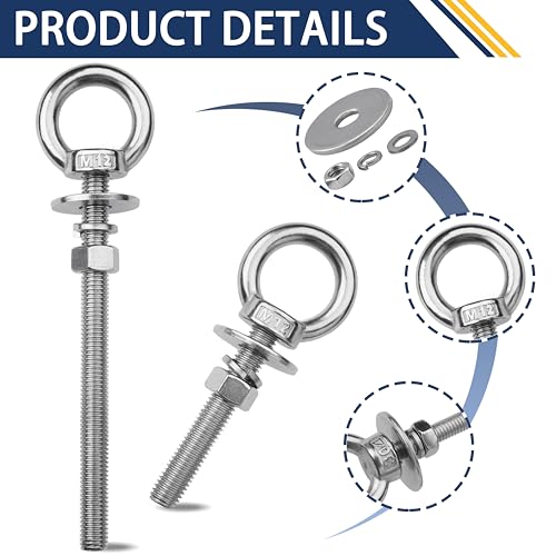 2 Pack M12 Stainless Steel Eye Bolts with Nuts, 1/2" x 6" Eye Bolts - size: M12x153mm (1/2"x6")