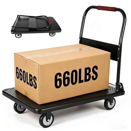 Heavy Duty Foldable Push Cart Dolly with 660LBS Capacity - Collapsible Platform Truck with Swivel Wheels, Flat Bed Moving Wagon & Space Saving Handles (1, Black, 660 LBS) - color: 660lbs-black