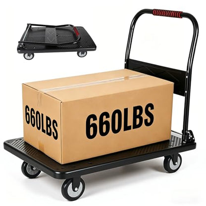 Heavy Duty Foldable Push Cart Dolly with 660LBS Capacity - Collapsible Platform Truck with Swivel Wheels, Flat Bed Moving Wagon & Space Saving Handles (1, Black, 660 LBS) - color: 660lbs-black