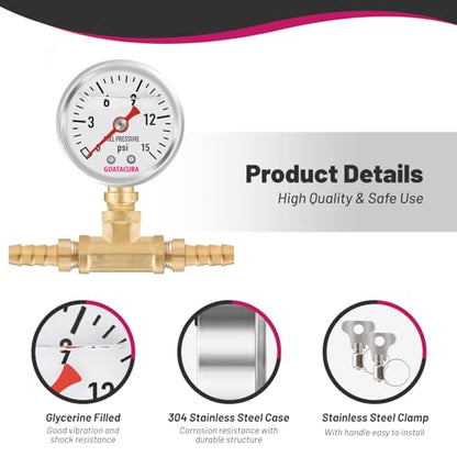 0-15psi Glycerin Filled Fuel Pressure Gauge Kit, 1-1/2" Dial Size, 304 Stainless Steel Case, 5/16" Fuel Line Fuel Pressure T-Fitting Adapter, Lower Mount, with High Accuracy… - size: 0-15psi, style: Lower Mount(T-Fitting Adapter)