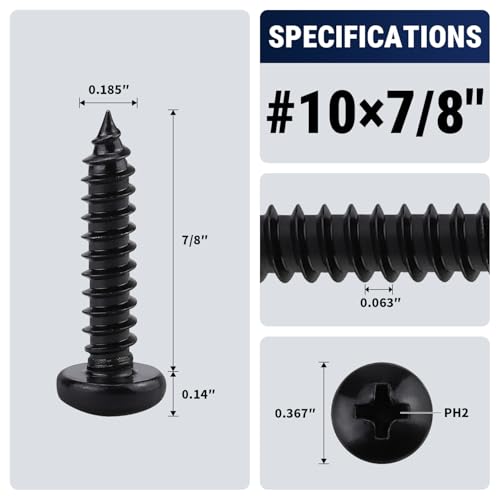 #10 x 7/8" (50 Pack) Stainless Steel Pan Head Self Tapping Screws, 304 SS (18-8) Black Coated, Phillips Drive Round Head Corrosion Resistant Screws for Wood & Sheet Metal - size: #10 x 7/8"