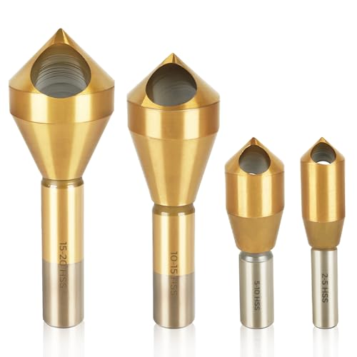 COMOWARE 4pcs TiAIN Coated Chamfer Tool M2 Chamfer Bit 90-Degree Countersink Drill Bit Set for Wood & Metal, Heavy Duty Countersink Bit SAE 1/4"-3/4", 2-5, 5-10, 10-15, 15-20mm - size: HSS 1/4"~1"