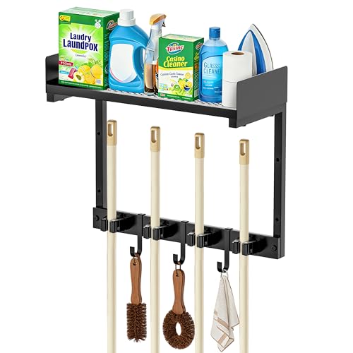 HUFAND 15" Wall Mounted Broom Holder and Mop Organizer with Shelf and Hook - color: Black, size: Small
