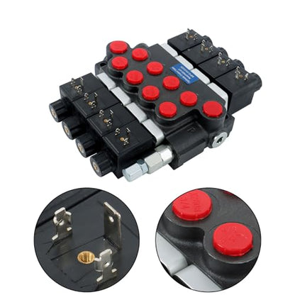 4 Spool Solenoid 12V DC Hydraulic Control Valve Double Acting 13GPM Hydraulic Solenoid Directional Valve 3600PSI Inlet port Outlet port SAE10 Working ports SAE8