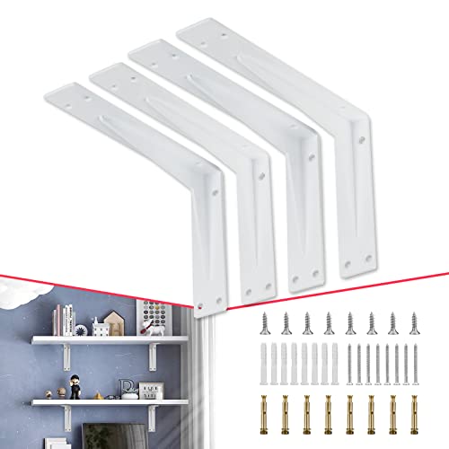 CLT 6” White Shelf Bracket, 1/5" Thick – Heavy Duty Corner Brace, Supports 220 lbs, Industrial Modern Farmhouse Style – Right Angle Bracket for Tables, Benches, DIY Space-Saving Projects (Pack of 4) - color: White L Gusset, size: 6 Inch