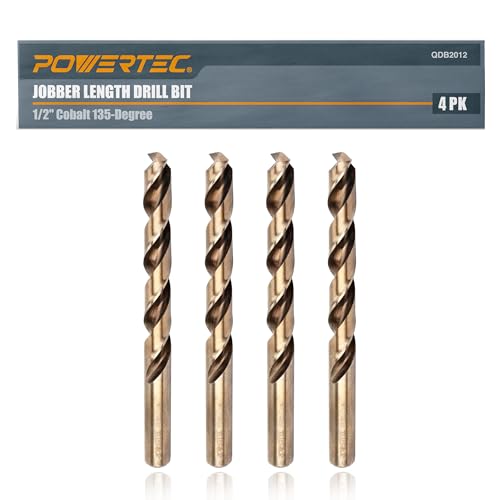 POWERTEC 1/2" Cobalt Drill Bits - 4 Pack - 6" Length - M35 HSS Jobber Length Twist Bits with 135° Tip for Drilling Wood, Metal, Stainless Steel, Nickel Alloy, Cast Iron & Plastic (QDB2012-P2) - style: 4PK 1/2" Cobalt Drill Bit (6" Length)
