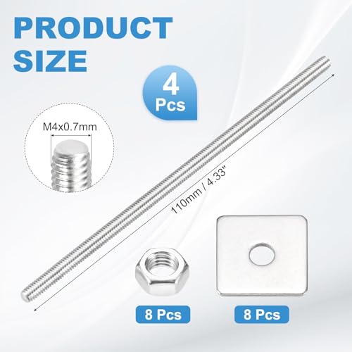 MECCANIXITY 4Set M4x110mm Fully Threaded Rod Threaded Rods Bar Studs - size: M4x110mm