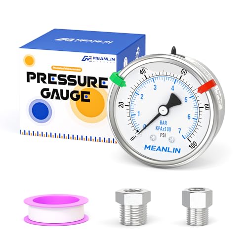 MEANLIN MEASURE 0~100Psi Stainless Steel Liquid Filled Pressure Gauge 2.5" FACE DIAL 1/4" NPT for Well Pump Tire Water Pressure Tester Back Mount with Stainless Steel Hex Bushing and Snaps - size: 0-100Psi, style: Back Mount
