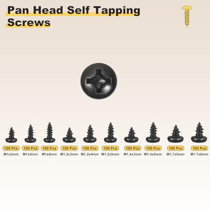 METALLIXITY Phillips Pan Head Self Tapping Screw M1/M1.2/M1.4/M1.7 1000Pcs - color: Black, size: M1,M1.2,M1.4,M1.7