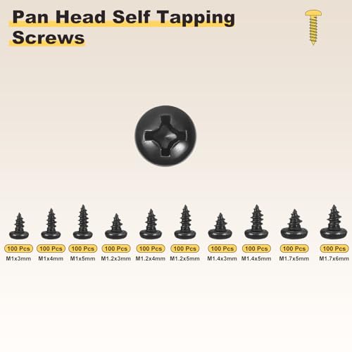 METALLIXITY Phillips Pan Head Self Tapping Screw M1/M1.2/M1.4/M1.7 1000Pcs - color: Black, size: M1,M1.2,M1.4,M1.7