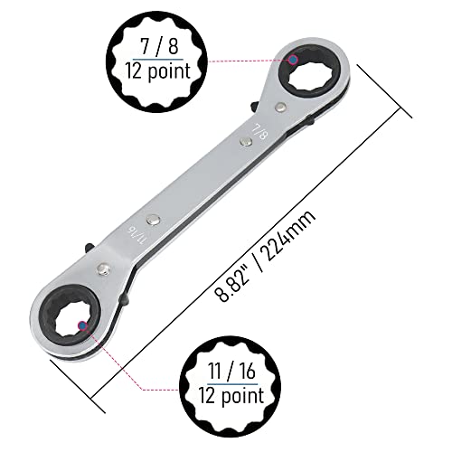 11/16-7/8 Inch Reversible Universal Ratcheting Wrench,Imperial Double Offset Box End， Matte Chrome Plated Cr-V Steel， Heavy-Duty，72 Tooth Ratchet Spanner Crooked for Narrow Spaces - size: 11/16-7/8"