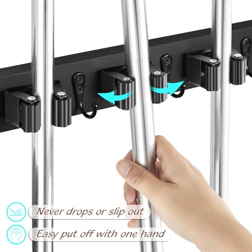 OUTNILI 2 Pack Black Mop Broom Holder Wall Mount - Wood Broom Mop Hanger - Wall Mounted Garden Tool Rack Organizer for Closet Garage Laundry Room, 4 Slots & 4 Hooks - color: Black-4 Grips, size: 2 Pack