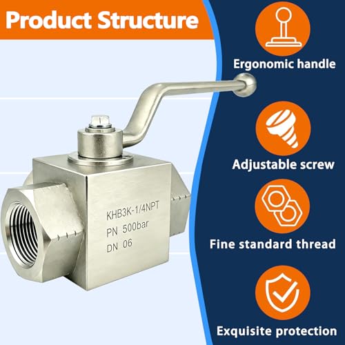 Autovo High Pressure Hydraulic Ball Valve KHB3K 1/4'' NPT,Shut-Off 3 Way Ball Valve,1/4" NPT Hydraulic Valve 7250 PSI - size: SR-KHB3K-1/4NPT-05-US