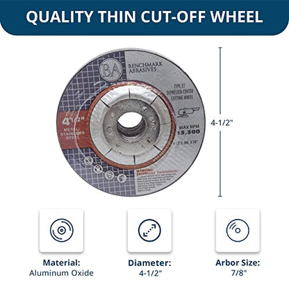 Benchmark Abrasives Grinder Cut Off Wheels 4 1/2 Inch Aluminum Oxide Depressed Center Thin Type 27 for Metals, .040" Thick 7/8" Arbor, Angle Grinder Cutting Disc, Grinding Cutting Wheel - 50 Pack