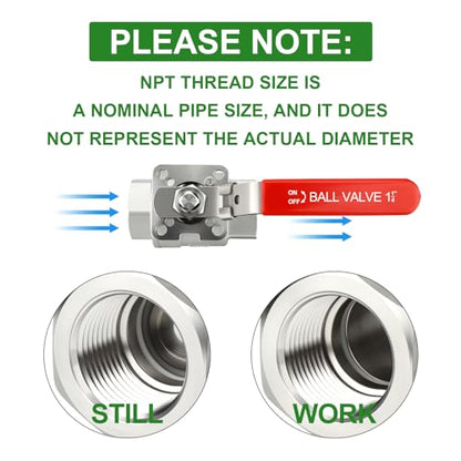 TAISHER 1PCS 1-1/4" FNPT Heavy Duty 2PC High Platform Ball Valve 304 Stainless Steel with Red Handles W0G1000 - size: 1-1/4" FNPT