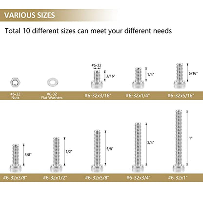 252 Pieces #6-32 x 3/16", 1/4", 5/16", 3/8", 1/2", 5/8", 3/4", 1", Hex Socket Head Cap Screws Nuts Washers Assortment Kit, 304 Stainless Steel, Fully Machine Thread - size: #6-32, style: Socket Head