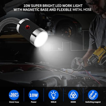 Magnetic Work Light, LED Machine Light, Work Light with Flexible & Magnetic Base, Shop Tool Lamp for Lathe, Work Bench, Sewing Machine, Grill, Bandsaw, Industrial Lighting, 10W, 900Lumens, Black