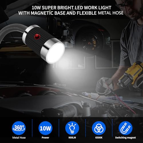 Magnetic Work Light, LED Machine Light, Work Light with Flexible & Magnetic Base, Shop Tool Lamp for Lathe, Work Bench, Sewing Machine, Grill, Bandsaw, Industrial Lighting, 10W, 900Lumens, Black