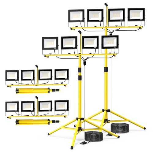 TOPRATED 2 Pack Led Work Light with Stand,28000 Lumen 110V 4 Adjustable Head Outdoor Flood Lights,Foldable Mechanic Light with 16.5Ft Power Cord,Portable Waterproof Tripod with Lamp for Workbench - size: TWO PACK