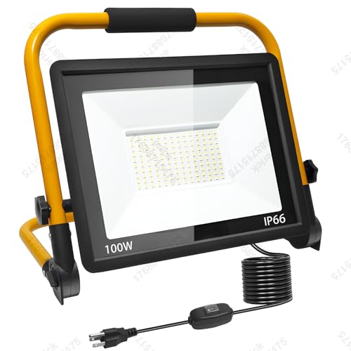100W LED Flood Work Light 11000LM, 5000K Portable Construction Light with 16.5FT Cord & Switch, Adjustable Stand for Garage Workshop Job Site Repair, IP66 Waterproof