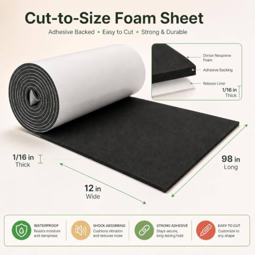Storystore Foam Insulation Neoprene Sheets with Adhesive, 1/16'' Thick x 12'' W x 98'' L Multi-Function Soundproof Large Closed Cell Neoprene Rubber Roll, Black - color: Black (With Adhesive), size: 12 in x 98 in x 1/16 in